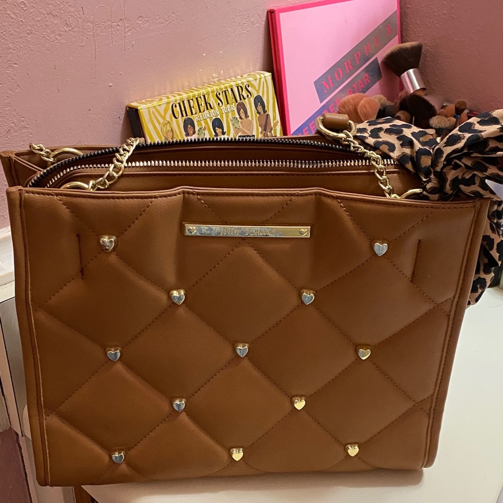Betsey Johnson Brown Handbag with Heart Accents